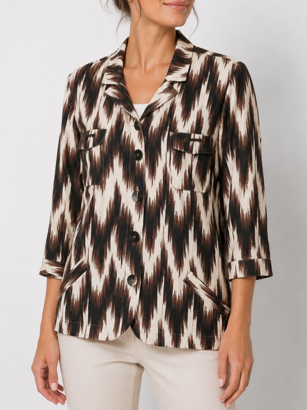 Chico's Size 3 Brown Ivory Ikat Print Linen Blend Jacket 3/4 Sleeve Utility Top
